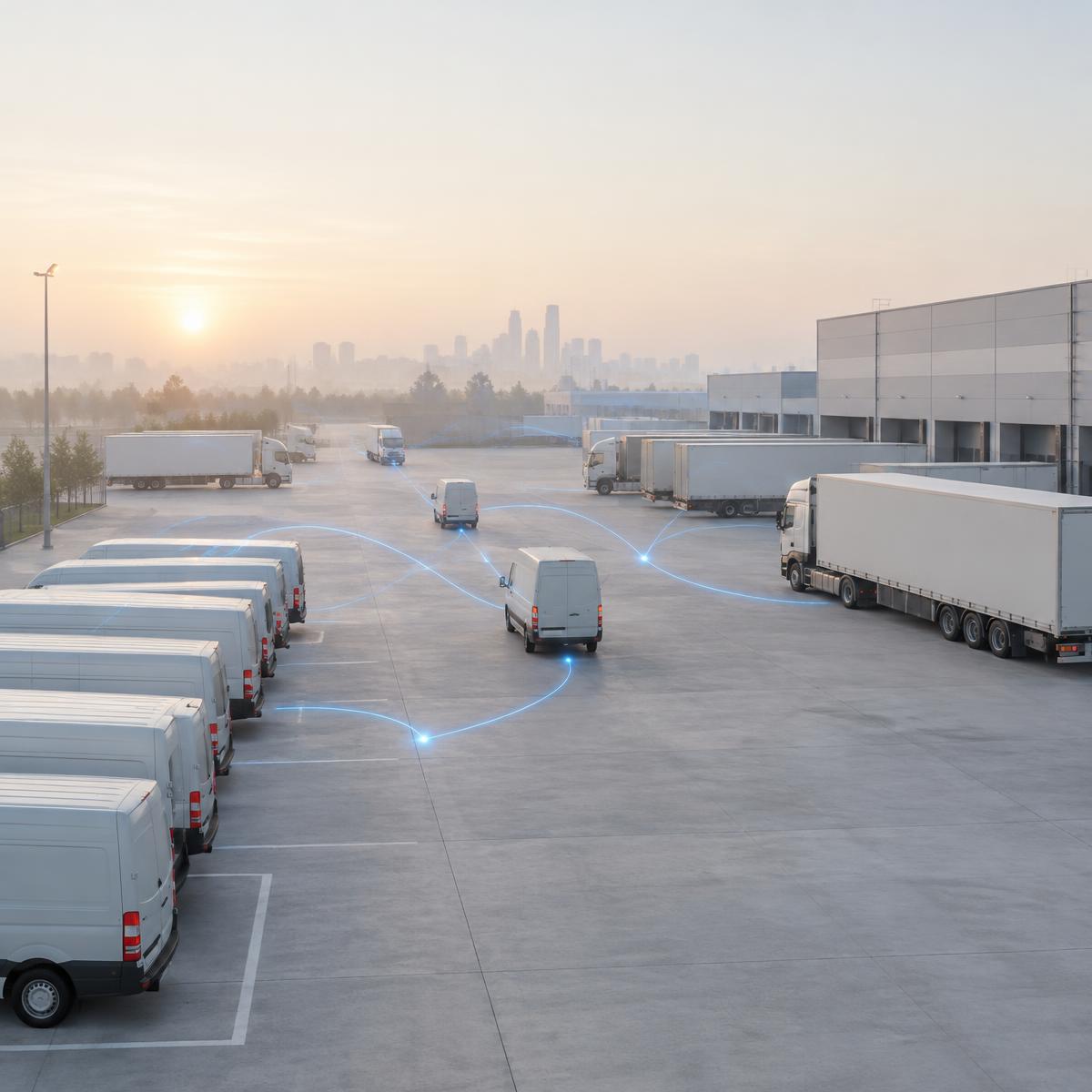 Freight yard at dawn with route lines connecting vehicles